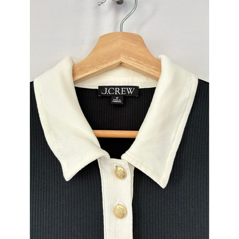 J.Crew Womens Ribbed Polo Shirt Black White Gold Crest Button Short Sleeve Med - Picture 7 of 10